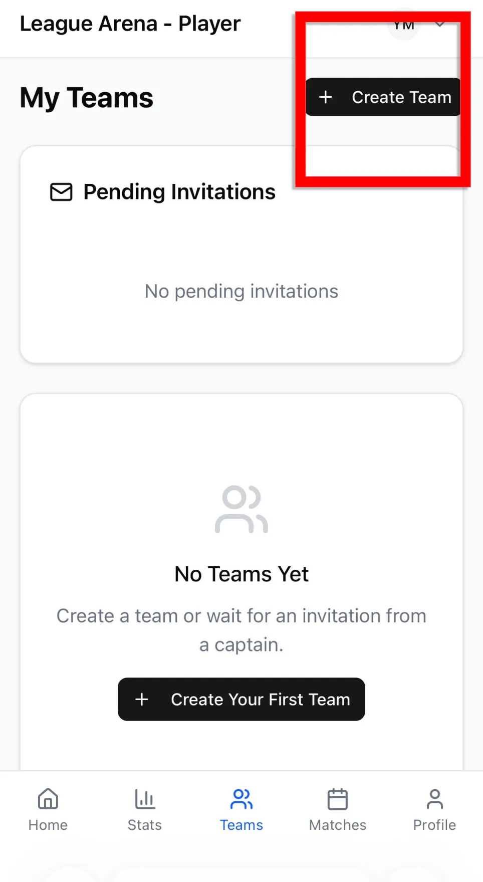 Step 1 screenshot 2: Tap Create Team in the My Teams page.