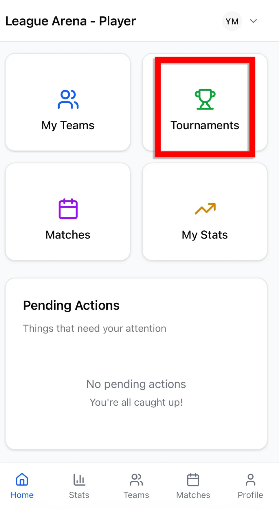 Step 3 screenshot 1: Open Tournaments from the dashboard.