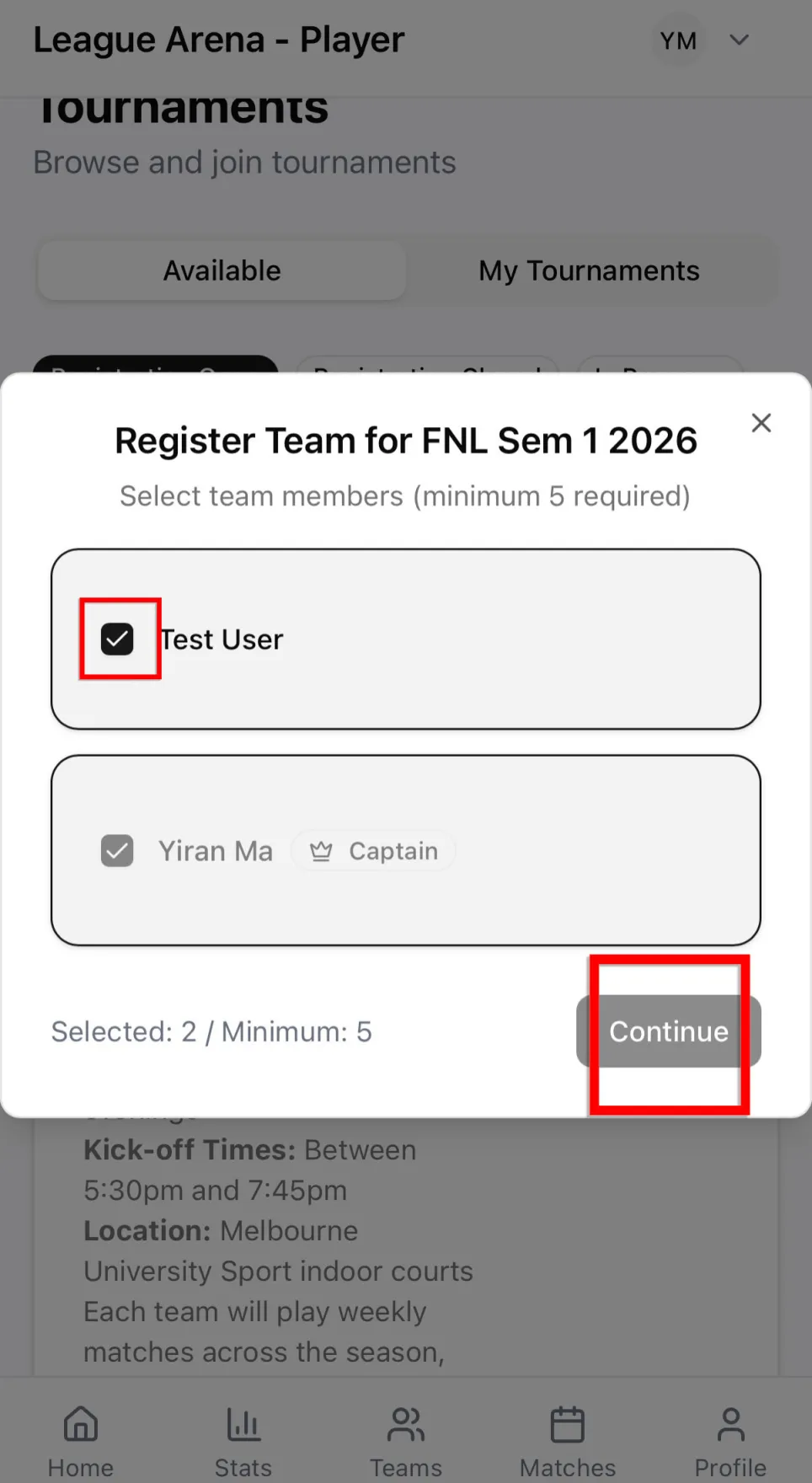 Step 3 screenshot 2: Select players and tap Continue to register.